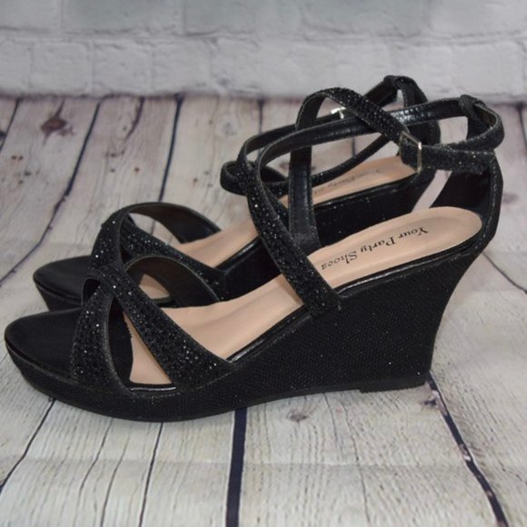 🆕 Black Glitter Open Toe Wedges, Size 9 - Picture 6 of 13